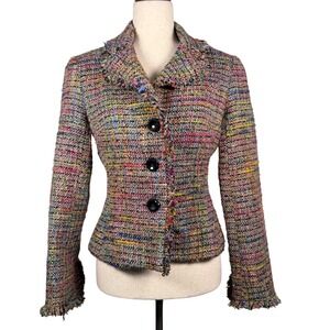 Trina Turk Blazer Jacket Size 6 Multicolor Tweed Fringed Career Business Boho